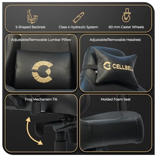 Image of CELLBELL Alpha Multi Functional Ergonomic Gaming Chair with Footrest Premium Fabric Magnetic Neck Lumbar Pillow 4D Armrests 180 Degree Recline Class 4 Hydraulic Metal Base 60mm Wheels (Black)