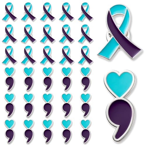 30Pcs Suicide Prevention Awareness Ribbon Pin, Semicolon Mental Health Suicide Prevention Awareness Lapel Pins, Suicide Awareness Bulk Metal Purple and Teal Ribbon Pin Souvenir Series Gifts