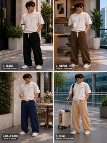 Image of Preneum Men Mid Rise Poly Cotton Loose Fit Trouser || Korean Style Travel & Lounge Wear with Pockets (Available in Plus Size) (Combo Pack of 3)