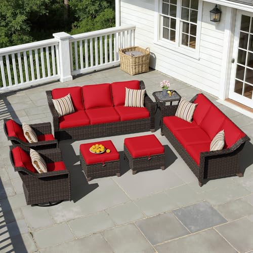 Image of 7 Piece Patio Furniture Set, Wicker Outdoor Conversation Set | Patio Chair Set with Olefin Removable Cushion, All-Weather Outdoor Couch with Deep Seat for Porch, Deck and Backyard, Red
