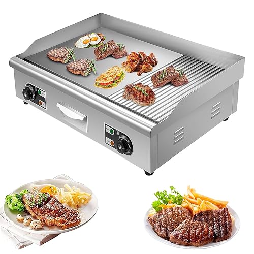 Plancha eléctrica comercial, plancha eléctrica de encimera plana 220 V 4400 W medio ranurado/plano, parrilla antiadherente de acero inoxidable Teppanyaki para restaurante