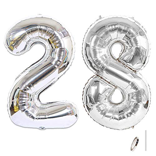 Shuxy 2pcs 40 Inch Number Balloon Foil Balloons Number 28 Jumbo Giant Balloons Prom Balloon Mylar Huge Number Balloon for Birthday Party Decoration Wedding Anniversary, XXXL Silver 28 Number Balloon
