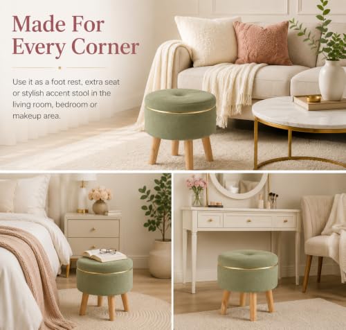 Image of Ottoman Stool for Living Room Foot Rest | Velvet Small Ottoman Foot Stool | Solid Wood Legs | Footstool Puffy for Home, Bedroom & Makeup Table | 30 x 30 cm (12 x 12 Inch) | Light Green