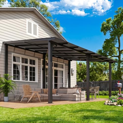 Aoxun 16x 10 Premium Gazebo with Aluminum Top Frame & Polycarbonate Panel Wall Mounted Gazebos Pergola Outdoor Patio Lean to Gazebo Awnings with Sloped Roof for Backyard Porch Deck Black