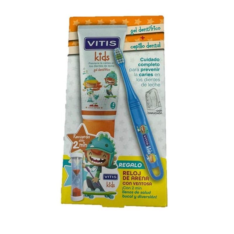 Vitis Kids PACK Gel Dentífrico Con Fluor Sabor Cereza, 50ml (+de 6 meses) +Cepillo Dental +3 AÑOS, REGALO PIZARRA MÁGICA.