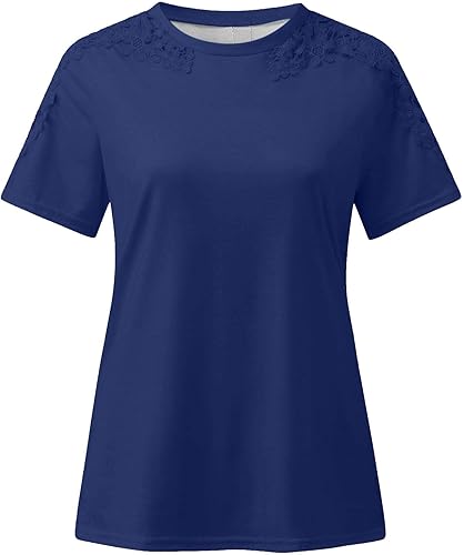 Miniatura 4 de SMIDOW Blusa de manga corta con cuello redondo y hombros descubiertos para mujer, estilo bohemio, con encaje floral, para verano, informal,