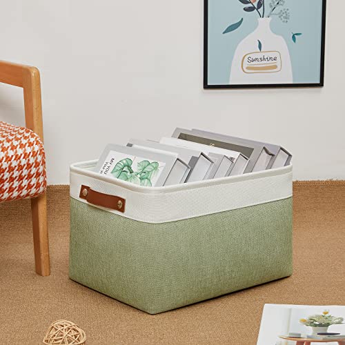 Image of DULLEMELO Fabric Storage Bin for Laundry, Home, Foldable Storage Basket for Shelves, Toys, Collapsible Storage Basket Bin for Office, Closet,Bedroom(White&Green)