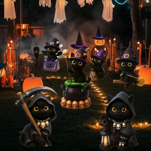 ILMFMY Halloween Gartendeko – 6er Set Schwarze Katzen Figuren mit Hexenhut, Besen, Sichel & Flügel, wetterfest & wiederverwendbar, Outdoor Gruseldeko für Garten, Terrasse, Rasen & Party