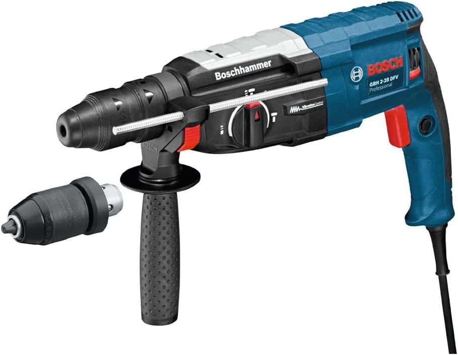 Bosch GBH 2-28 DFV Professional Rotary Hammer with SDS Plus, 850W, showing the main unit, auxiliary handle, and quick-change chuck.
