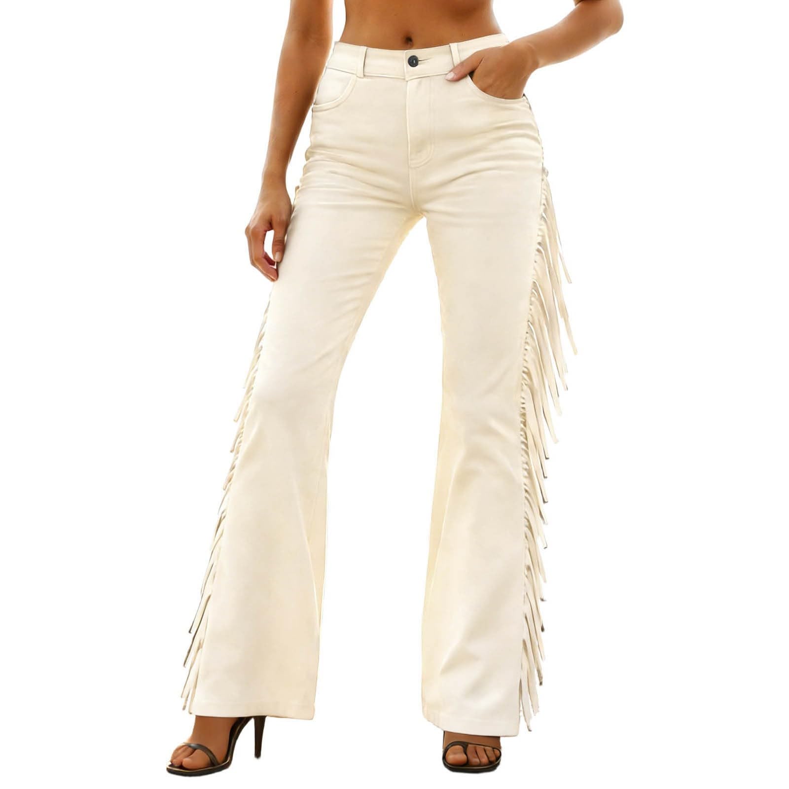 YOSUWOAI Women's Cowboy Cowgirl Costume Suede Fringe Trousers Long Western Chaps with Tassels Vintage Trousers Carnival Party Western Pants Retro Suede Trousers, Z01 White, S