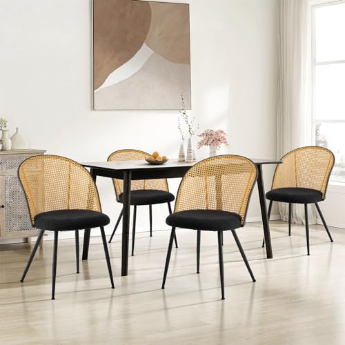 Dining Chairs Set of 4, Mid Century Modern Dining Room Chairs with Full  Rattan Back, Boucle Fabric Upholstered Kitchen Dining Chairs Farmhouse  Armless