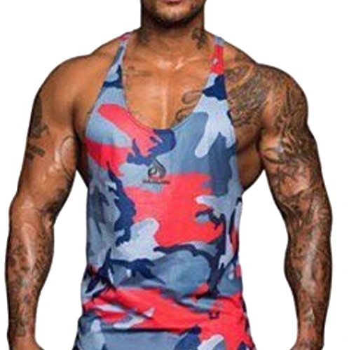 Camiseta Tirantes Hombre Culturismo. Camisa Fitness de Deporte (Camuflaje Azul Naranja) - XL