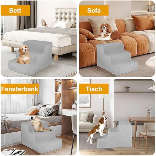 Haustiertreppe Hundetreppe 30 cm - Treppe 3 Stufen Plüsch-Bezug waschbar - Katzentreppe Hunderampe für Bett, Sofa, Couch und Auto - Bezug Grau