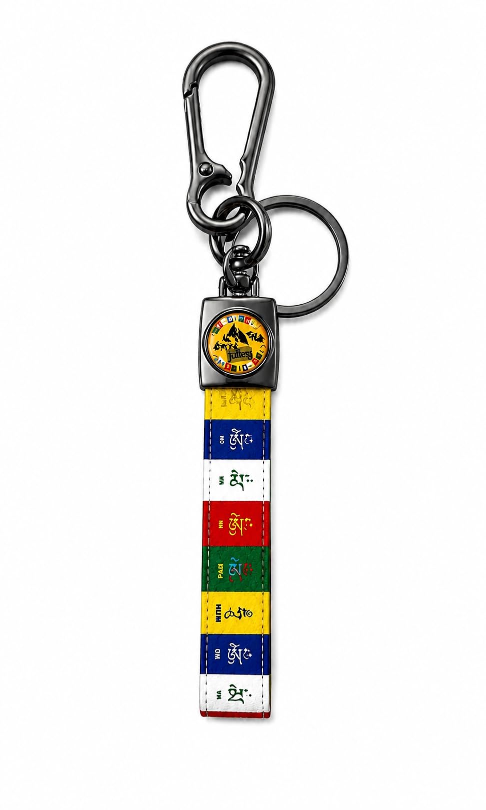 Tibetan Om Mani Padme Hum Keychain for Car and Bike, Buddhist Good Luck Key Holder, Ladakh Julley Prayer Flag Keyring, Premium Metal Hook with Strap-image-2