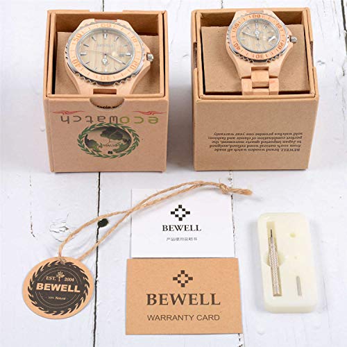 BEWELL ZS-100B Couple Wooden Quartz Watch Men and Women Handmade Lightweight Date Display Fashion Watches