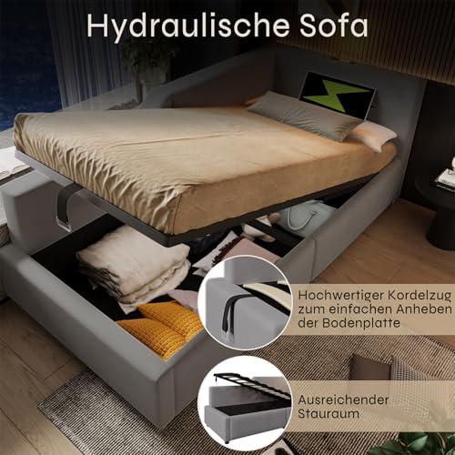 LuxeLiving Polsterbett 90x200 cm Tagesbett, Bettgestell mit hydraulischem Stauraum, Leselicht, Ladefunktion, Jugendbett Kinderbett Einzelbett Schlafsofa mit Lattenrost, Grau, Ohne Matratze