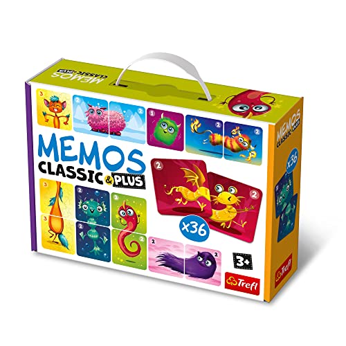 Trefl - Memos Classic & Plus, Cute Monsters - Gioco Educativo Di Memoria Per Bambini, Cerca Coppie E Tris Di Immagini, Diverse Opzioni Di Gioco, Class