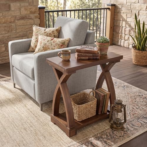TRIBEWOOD Mesita de Salón de Madera Maciza, Mesa Auxiliar de 2 Niveles con Estante de Almacenamiento, Mesita de Noche Delgada de Madera para Sofá, Sala de Estar, Dormitorio, Espacio Pequeño,Marrón