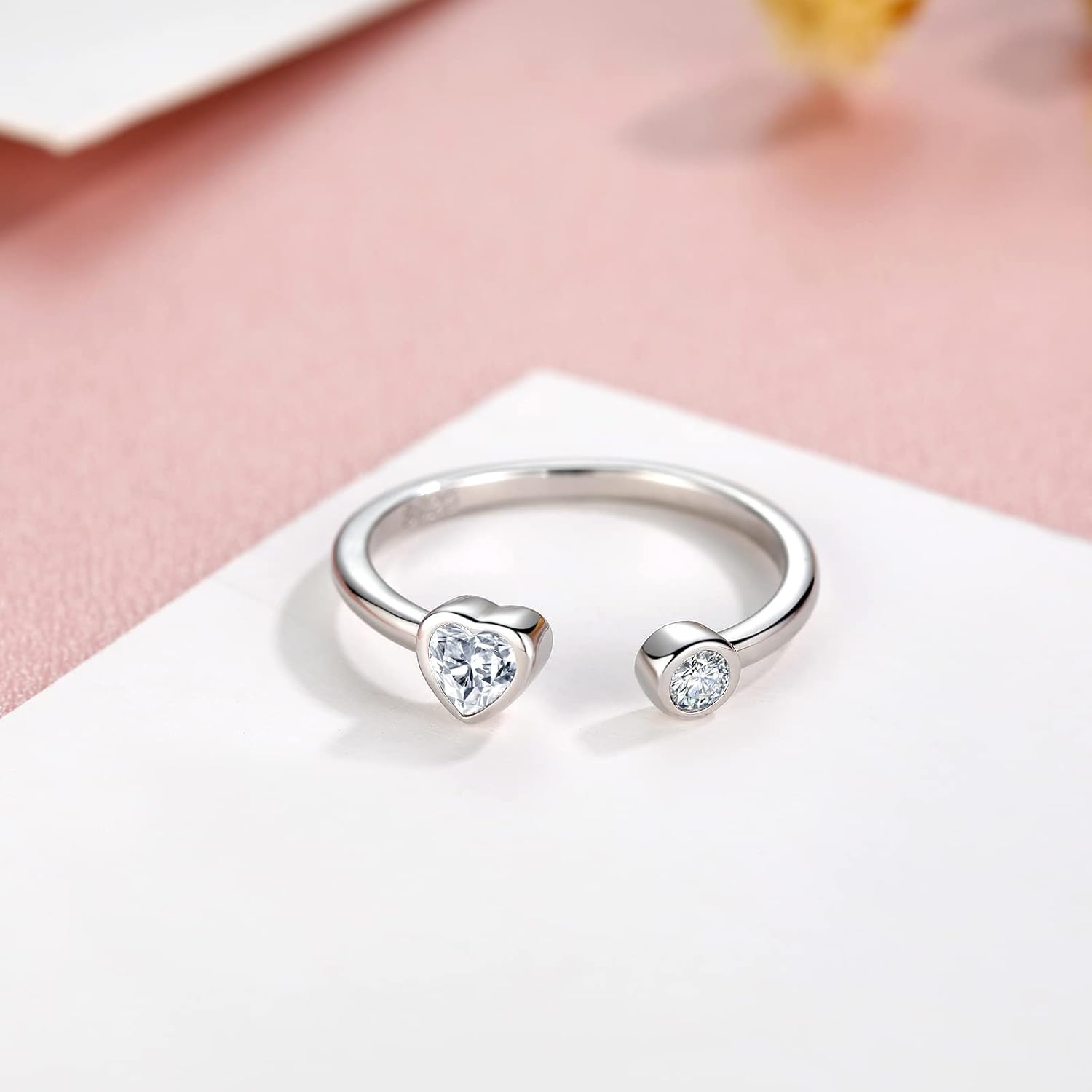 Sterling Silver Birthstone Rings Women, Adjustable Heart Ring Stackable Finger Open Rings Wedding Engagement Promise Eternity Bands with Cubic Zirconia CZ, Birthday Jewelry Gift Size 5-10