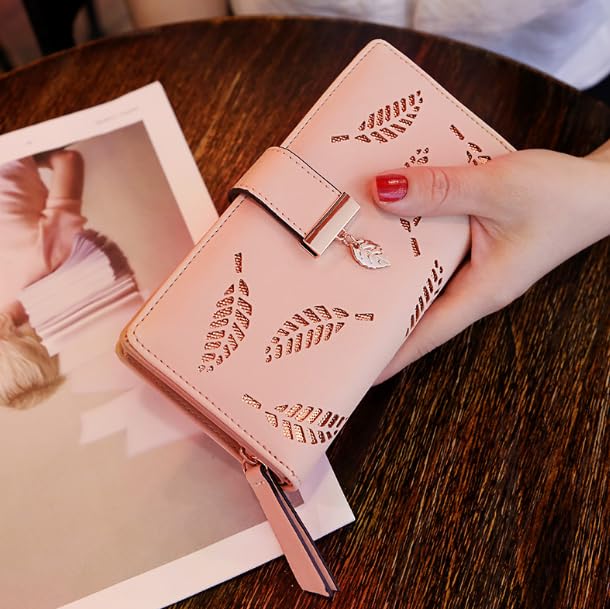 Mothers Day Gifts, Wallet Women, Pink Synthetic Leather Long Wallet with Elegant Hollow Leaf Design, Zipper Closure and Multiple Card Slots - Perfect for Daily use, Cute Wallet (Pink)2