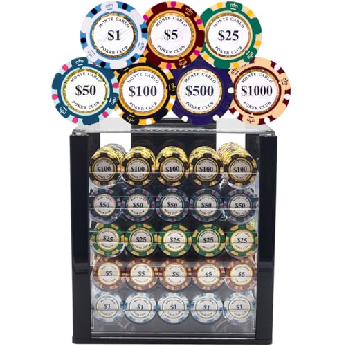 1000pcs 14g Monte Carlo Poker Club Poker Chips Set with Custom Build (1000 Chips Acrylic Case)