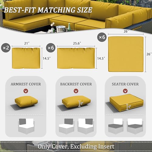 Tounosnt 14 Pcs Outdoor Patio Cushion Covers, Replaceable Waterproof Furniture Covers, Outdoor Non-Slip Covers with Zippers, Couch 3 Sizes, Covers Only (Yellow) - Thumbnail 2