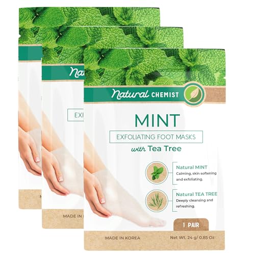 Natural Chemist Mint & Tea Tree Foot Masks Moisturizing Socks - Soften Dry Cracked Feet, Removes Dead Skin Cells - Dermatologist Tested, Cruelty Free Korean Skin Care For All Skin Types - 3 Pairs