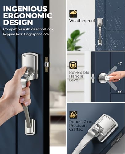 Image of Nickel Front Door Handle No Lock, Heavy Duty Front Door Lock Set | Brushed Exterior Door Handle No Lock for Every Deadbolt, Zinc Exterior Door Lock, Entry Handleset, Easy Install, Universal