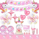 🍭 180Pcs Kit Cumpleaños Unicornio 🍭 Incluye:1 Unicornio Cumpleaños Pancarta,2 globos unicornio,4 bola de papel de aluminio,13 decoración para tarta,1 diadema de unicornio,16 globos unicornio cumpleaños y 1 cintas,16 tazas,16 platos unicornio cumpleaños (7 pulgadas),16 platos unicornio cumpleaños(9 pulgadas),16 servilletas,1 mantel unicornio cumpleaños niña,Perfecto para una fiesta de cumpleaños mágica de unicornio.