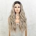 K'ryssma Ash Blonde Lace Front Wig Dark Roots Ombre Synthetic Wigs for Women Long Wavy Ombre Blonde Wig with Middle Part 22 Inches
