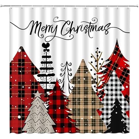 ZKJSMGS Christmas Tree Shower Curtain,Xmas Pine Tree Red Black Checkered Plaid Snowflake Winter Holiday Festival Rustic Bathroom Home Curtain Decor with Hooks,70x70 Inch Cover