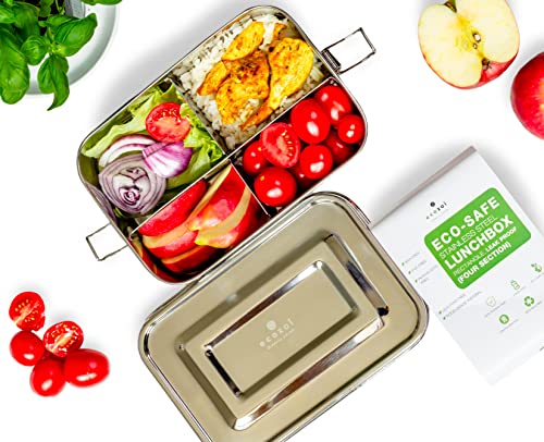 Ecozoi Auslaufsichere Lunchbox aus Edelstahl mit 4 Fächern Für Kinder und Erwachsene mit Mini-Saucenbehälter und sicheren Verschlüssen - BPA-freie Lunch-Tasche mit Aufbewahrungsbehälter Cover