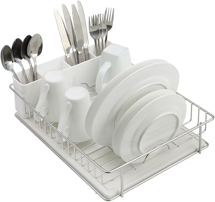 SunnyPoint 304 Stainless Steel Dish Drying Rack with Diatomaceous Earth Drainboard & Removable Utensil Caddy – Rust Resistant Countertop Dish Rack for Kitchen (Silvery-Grey)