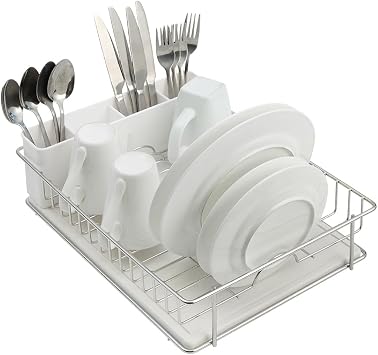 SunnyPoint 304 Stainless Steel Compact Dish Drying Rack, 15.3"x11.6", Diatomaceous Earth Drainboard, Removable Utensil Caddy, Space-Saving Countertop Design Silvery-Grey