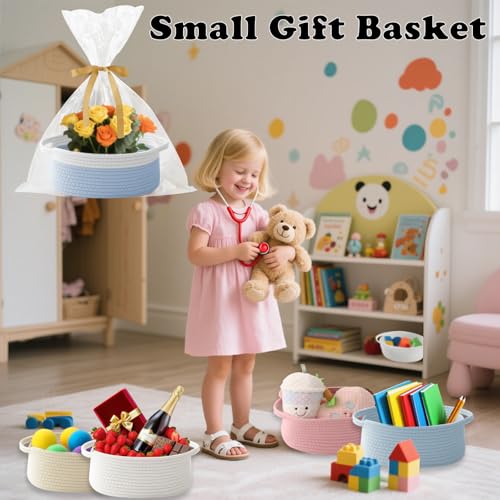 Image of Woven Rope Basket - Baby Gift Basket with Bag & Ribbon, White&Blue