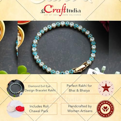Image of eCraftIndia Sky Blue Diamond Evil Eye Design Bracelet Rakhi for Brother Bhaiya Bhai Bhabhi with Best Bro Ever Fridge Magnet | Roli Chawal Pack