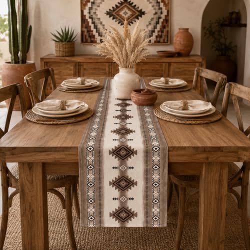 Image of Aztec Geometric Table Runner, Southwestern Tribal Pattern Faux Linen, Rustic Brown Boho Dining Table Decor for Farmhouse Kitchens 13x90 Inch