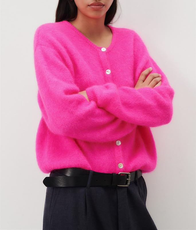 Image of Women Button Down Cardigan Long Sleeve Crewneck Sweater Vintage Lightweight Knit Jacket Fall Going Out Top