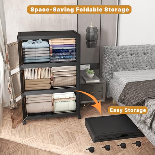 Image of UAMFURI Stackable Storage Bins with Lids, 504QT Closet Organizers and Storage Cabinet with Doors & Wheels, Lockable Plastic Foldable Drawers for Bedroom Dorm Office Garage(168QT*3,Black)