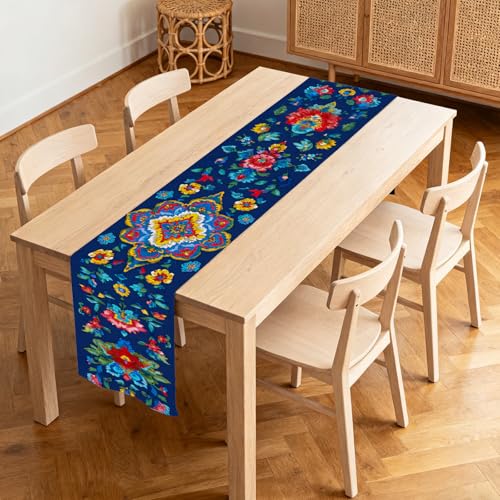 Image of Nuxovilar Floral Mandala Table Runner Flax 13x72 in | Holiday Runner Flax Placemats Dining Accessories Set Festive Gathering Boho Space Room (Colorful Mandala)