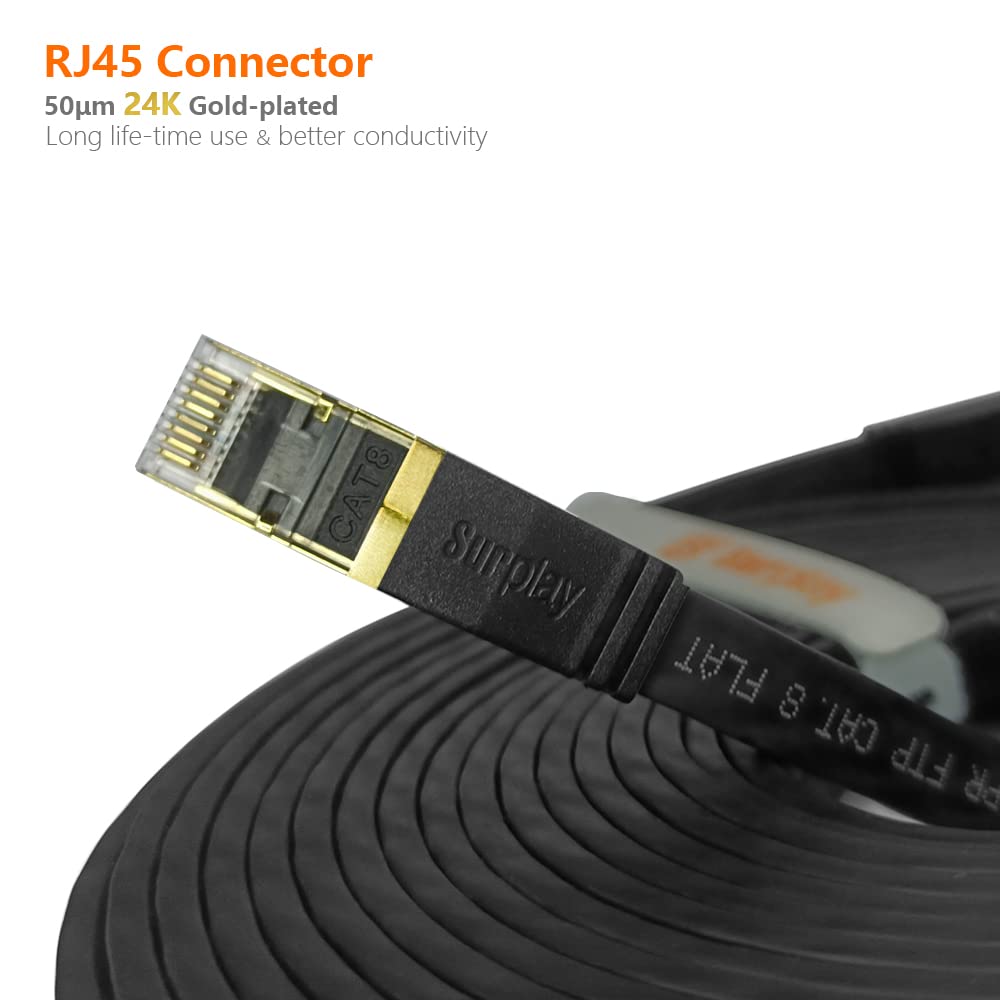 Câble Ethernet Cat8 de 30,5 m, noir, 40 Gbit/s, haut débit, extérieur et intérieur, double blindage avec fil de terre et cordon plat RJ45 plaqué or pour caméra IP longue distance, TV, routeur, NAS (50