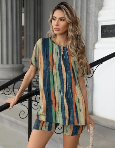 Image of Ekouaer Women's 2 Piece Lounge Set 2026 Summer Biker Shorts Set Outfits Short Sleeve Oversized Top Matching Tracksuit