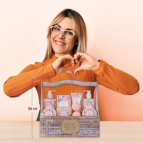 Accentra – Duschset Frauen Geschenkset im Holzkorb – 8-teiliges Pflegeset mit Duschgel, Bodylotion, Badezusätzen, Peeling & Handcreme – Wellness Geschenk Set zum Geburtstag, Valentinstag & Muttertag