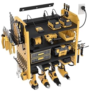 SUPERDANNY Power Tool Organizer Wall Mount with Charging Station, Adjustable 4-Tier 4 Drill Storage Shelf Garage Organization, Cordless Drill Hanger Tool Battery Holder Storage Rack with 6 AC 4 USB