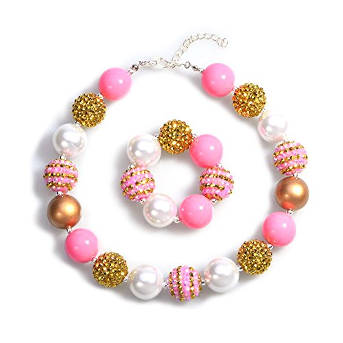 Bling Bling Chunky Bubblegum Necklace Pink and Gold Fashion Beads and Bracelet Set with Gift Box for Baby Girls