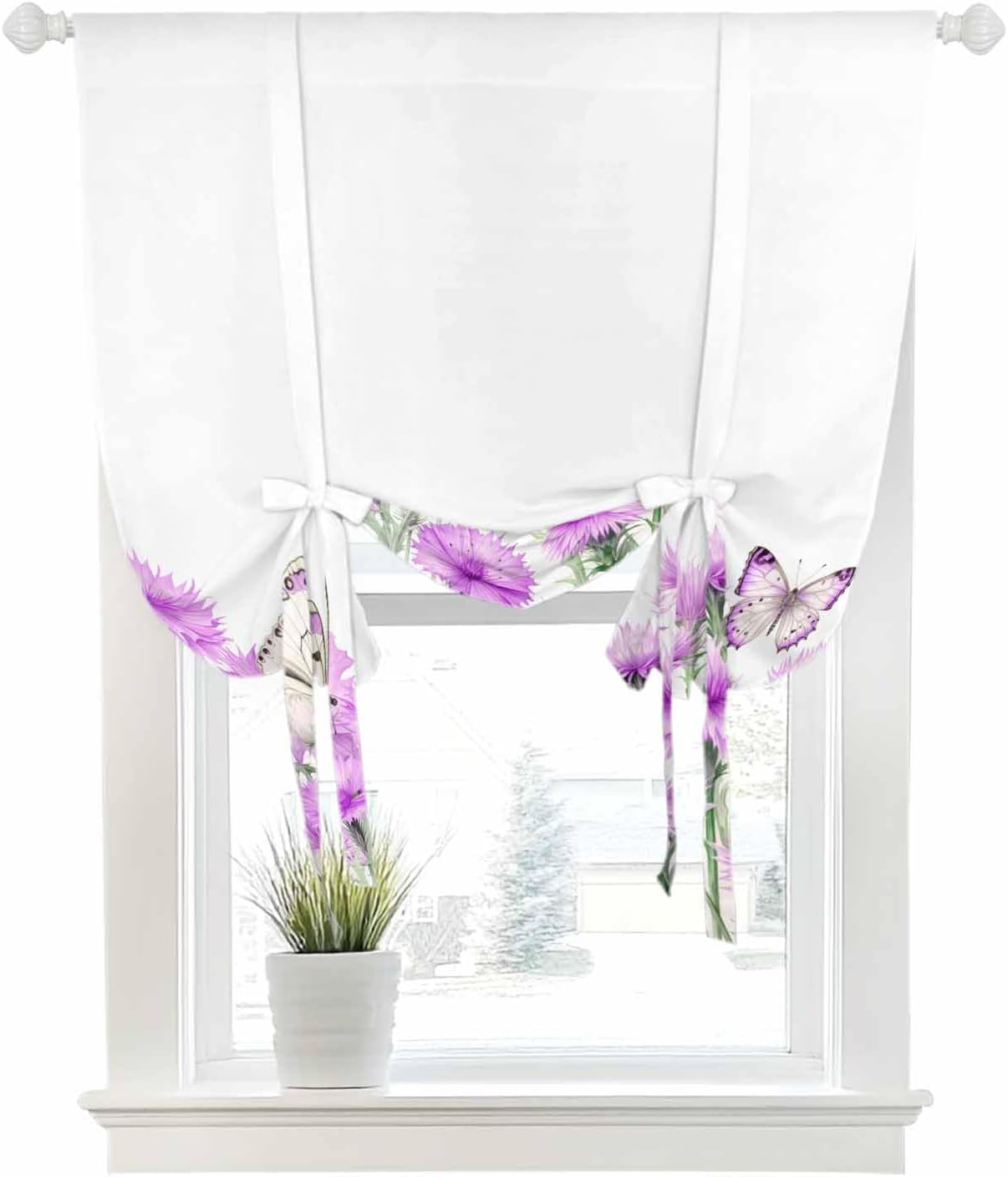 Tie Up Curtain for Windows Purple Flower Floral Balloon Window Shades for Bedroom Bathroom Adjustable Rod Pocket Butterfly Branch Leaves Window Treatments Curtains Valance for Kitchen 52" W x 63" L