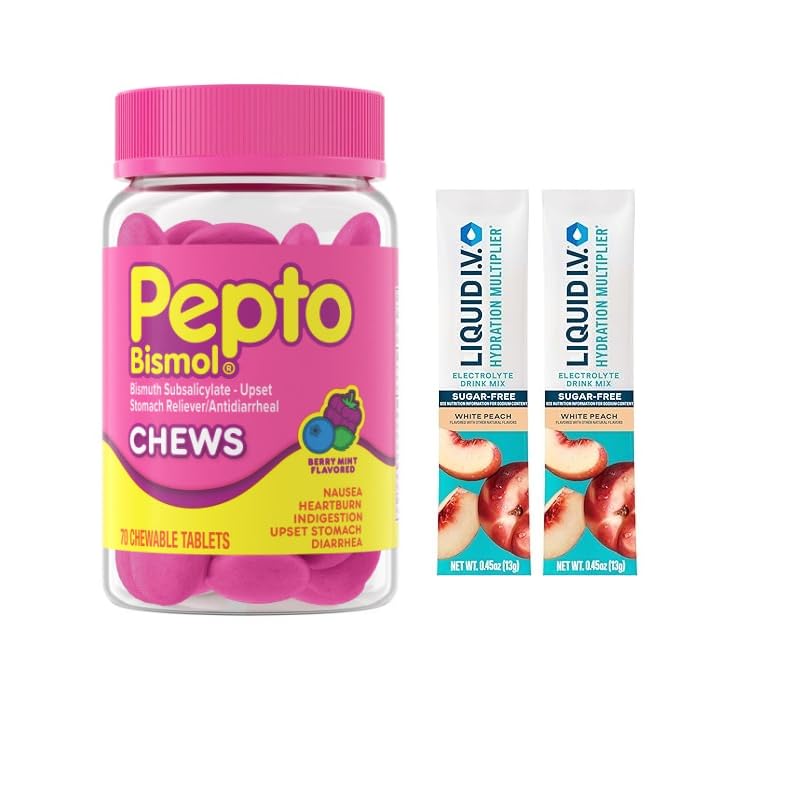 Pepto Bismol- Bismuth Subsalicylate- Upset Stomach Reliever & Antidiarrheal Chews- Berry Mint Flavored, 70 Chewable Tablets Bonus 2 Sugar-Free White