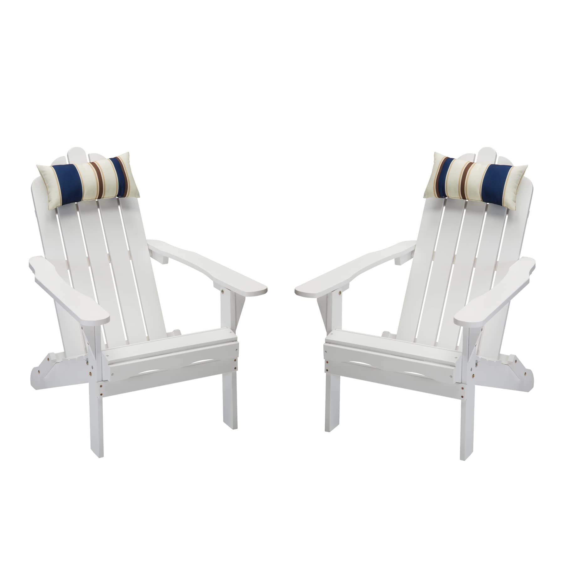 Outdoor Patio Wood Folding Adirondack Chair with Headrest for Outside Porch, Lawn, Pool, Yard, Garden, Set of 2, White