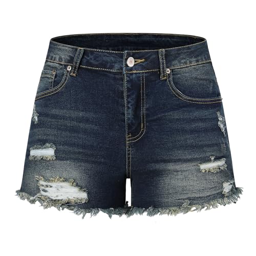 Image of THUNDER STAR Women Mid Rise Ripped Stretchy Jeans Shorts Frayed Raw Hem Casual Denim Shorts