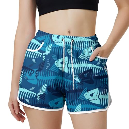 AYUNIX Women's Running Shorts with Pockets Quick Dry Performance Shorts for Women Fish Skull Athletic Workout Gym Shorts White
